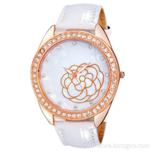 Women's Rose Print Crystal Decorated Analog Watch with Faux Leather Strap